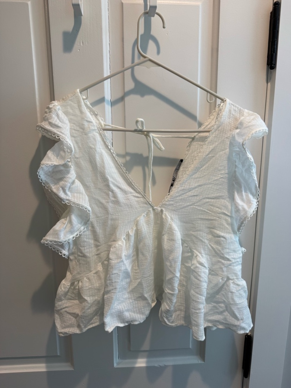 Zara White Ruffled Flutter-Sleeve V-Back Top